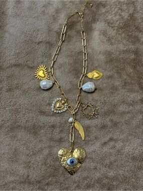 Gold Heart Pendant Charm Necklace with Pearl Accents